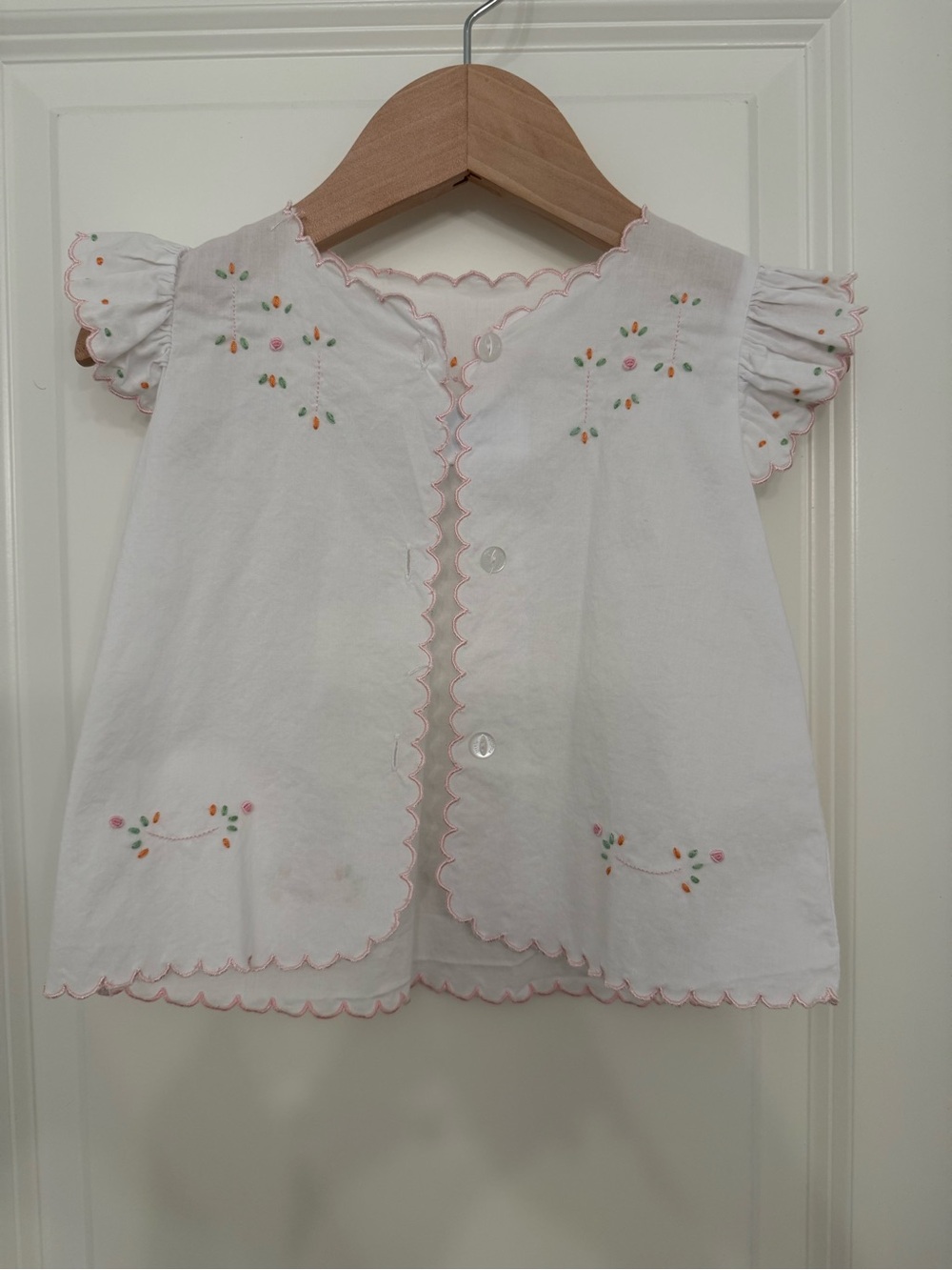 Little English White Top with Pink Scallop Trim and Floral Embroidery